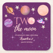 Two The Moon Girl Space Pink Planets 2nd Bday スクエアペーパーコースター (正面)