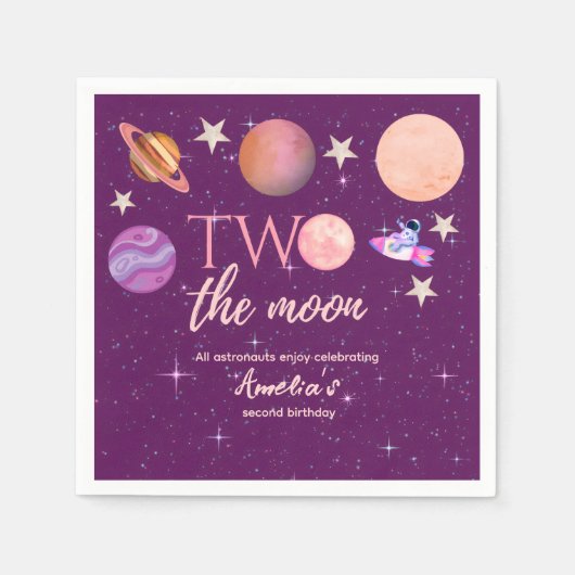 Two The Moon Girl Space Pink Planets 2nd Bday スタンダードカクテルナプキン (正面)
