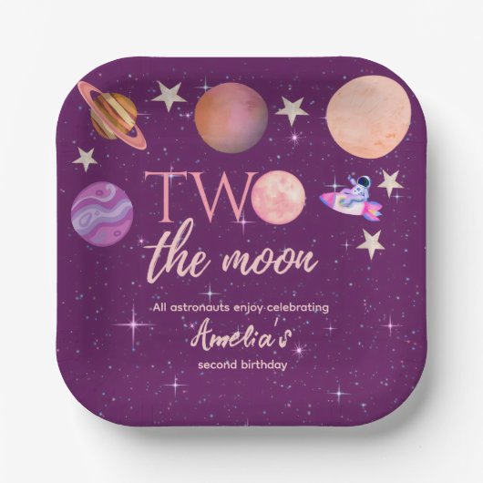 Two The Moon Girl Space Pink Planets 2nd Bday ペーパープレート (正面)