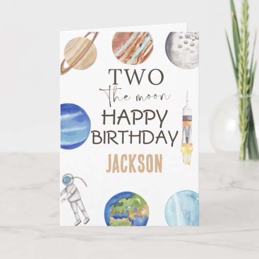 Two The Moon | Modern Space 2nd Birthday Décor カード (正面)