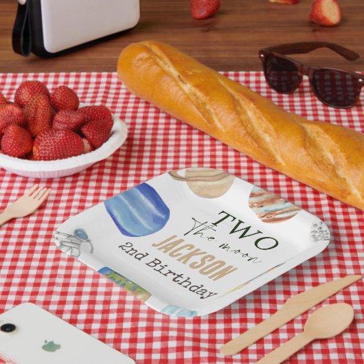 Two The Moon | Modern Space 2nd Birthday Décor ペーパープレート (ピクニック)