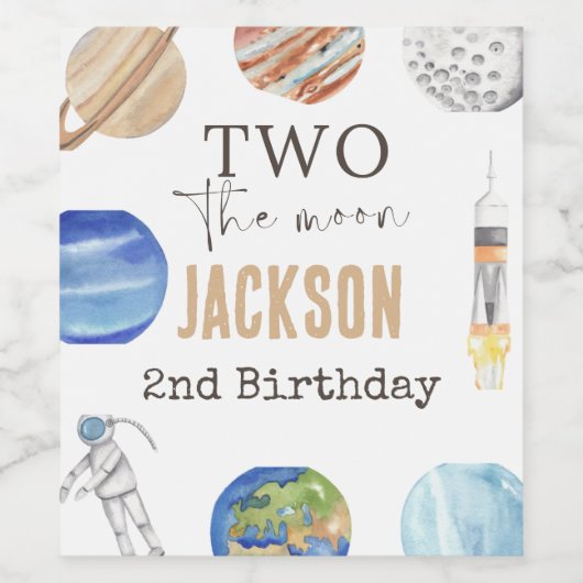 Two The Moon | Modern Space 2nd Birthday Décor ワインラベル (シングルラベル)