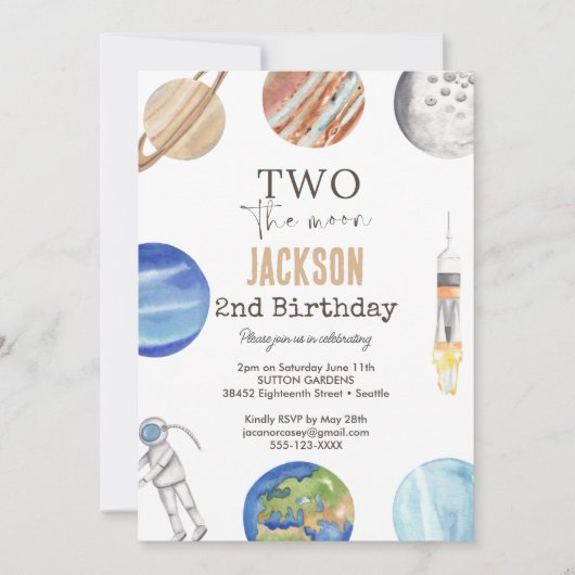 Two The Moon | Modern Space 2nd Birthday Décor 招待状 (正面)