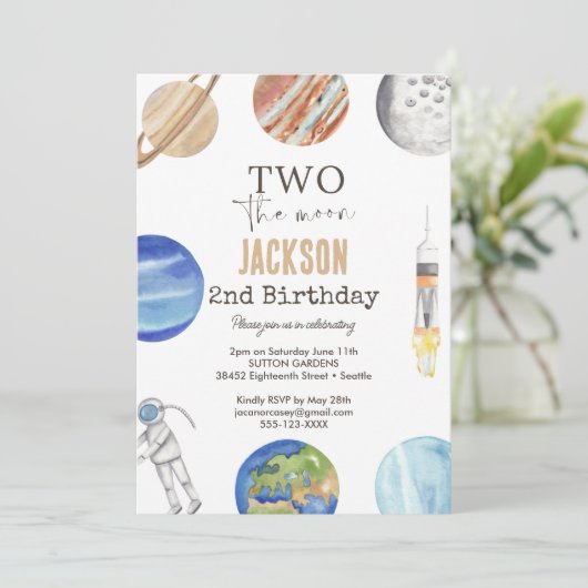 Two The Moon | Modern Space 2nd Birthday Décor 招待状 (スタンド正面)