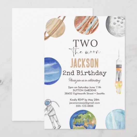 Two The Moon | Modern Space 2nd Birthday Décor 招待状 (正面/裏面)