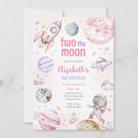 Two The Moon Outer Space Astronaut 2nd Birthday 招待状 (正面)