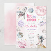 Two The Moon Outer Space Astronaut 2nd Birthday 招待状 (正面/裏面)