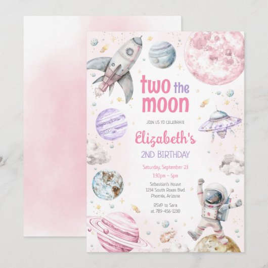 Two The Moon Outer Space Astronaut 2nd Birthday 招待状 (正面/裏面)