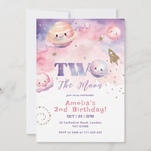 Two the Moon Outer space pink girl second Birthday 招待状 (正面)