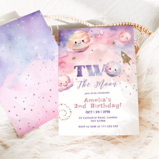 Two the Moon Outer space pink girl second Birthday 招待状