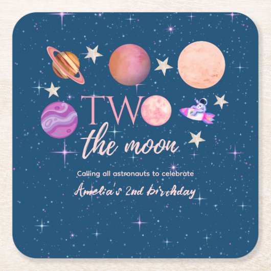 Two The Moon  Outer Space Ship Planets 2nd Bday スクエアペーパーコースター (正面)