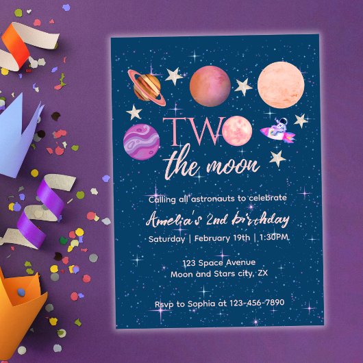 Two The Moon Outer Space Ship Planets 2nd Bday 招待状