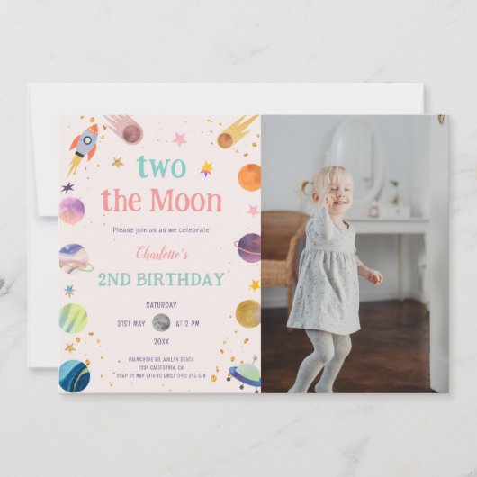Two the Moon Pastel Outerspace写真2nd Birthday 招待状 (正面)