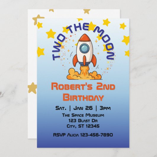 Two The Moon, Rocket 2nd Birthday Invitation 招待状 (正面/裏面)