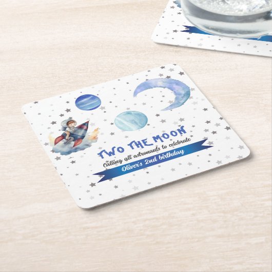 Two The Moon Rocket Space Blue Boy 2nd Birthday  スクエアペーパーコースター (アングル)