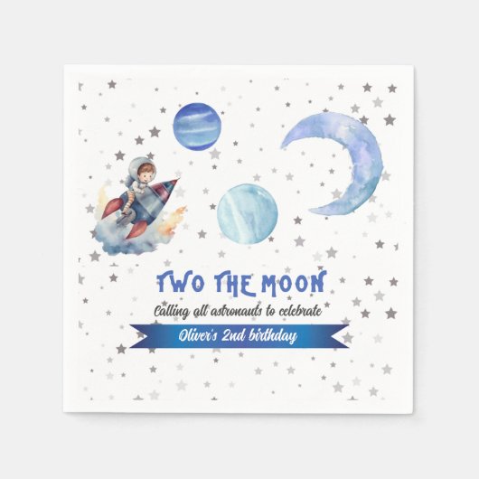 Two The Moon Rocket Space Blue Boy 2nd Birthday  スタンダードカクテルナプキン (正面)