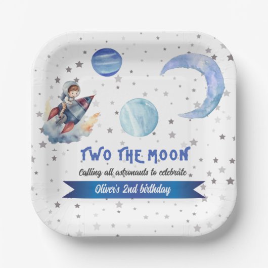 Two The Moon Rocket Space Blue Boy 2nd Birthday  ペーパープレート (正面)
