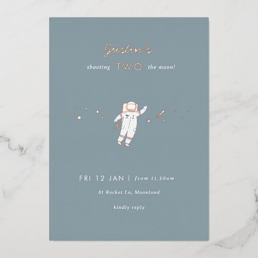 Two The Moon Space Party Foil 2nd Birthday Invite 箔招待状 (正面)