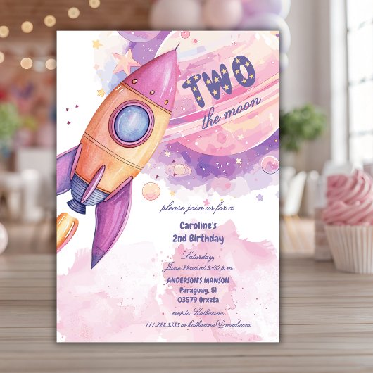 Two The Moon Space Racket Ship 2nd Pink Birthday  招待状