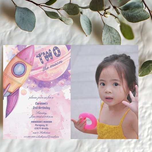 Two The Moon Space Ship 2nd Photo Pink Birthday  招待状