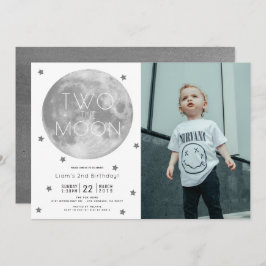 Two the Moon White Silver Boy Photo 2nd Birthday 招待状