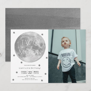 Two the Moon White Silver Boy Photo 2nd Birthday 招待状