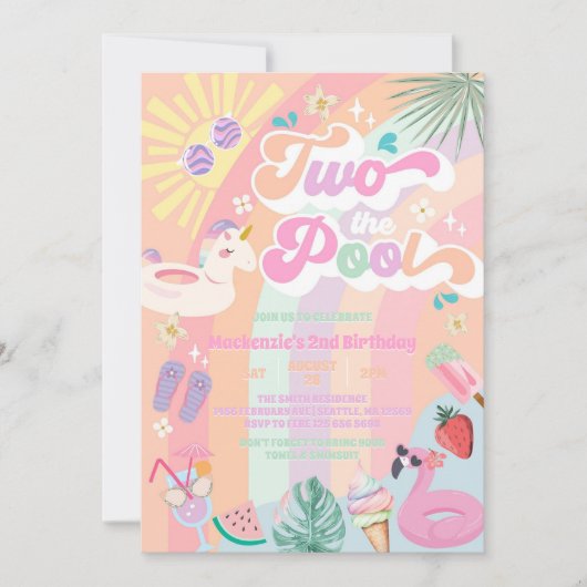 Two The Pool Summer Rainbow Sun 2nd Birthday 招待状 (正面)