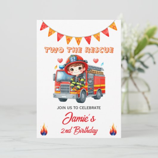 Two the Rescue 消防車の2歳の誕生日パーティーの招待状 招待状 (スタンド正面)