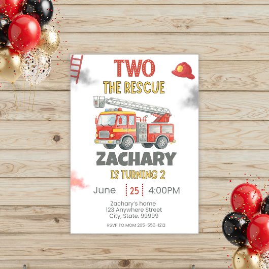 Two the Rescue 2nd Birthday Invitation Firetruck 招待状