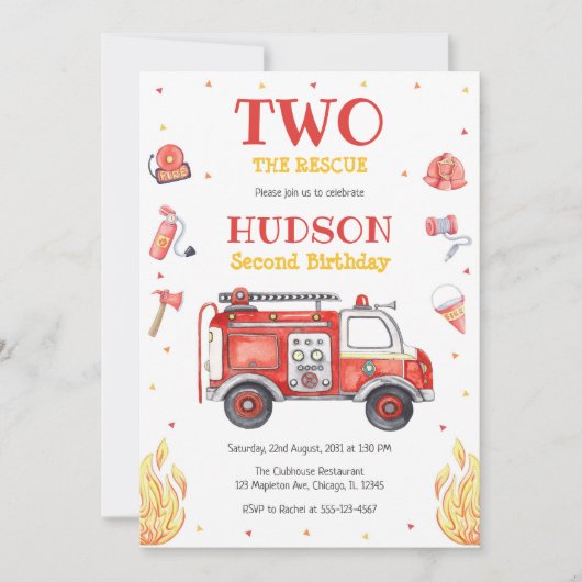 Two the Rescue Firetruck 2nd Birthday Invitation 招待状 (正面)