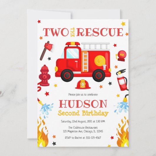 Two the Rescue Firetruck 2nd Birthday Invitation 招待状 (正面)
