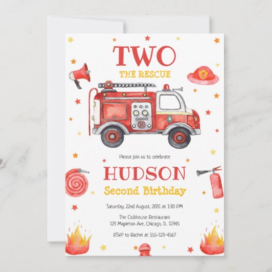 Two the Rescue Firetruck 2nd Birthday Invitation 招待状 (正面)