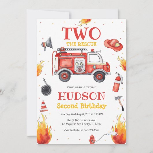 Two the Rescue Firetruck 2nd Birthday Invitation 招待状 (正面)
