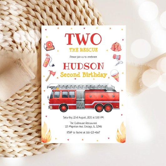 Two the Rescue Firetruck 2nd Birthday Invitation 招待状