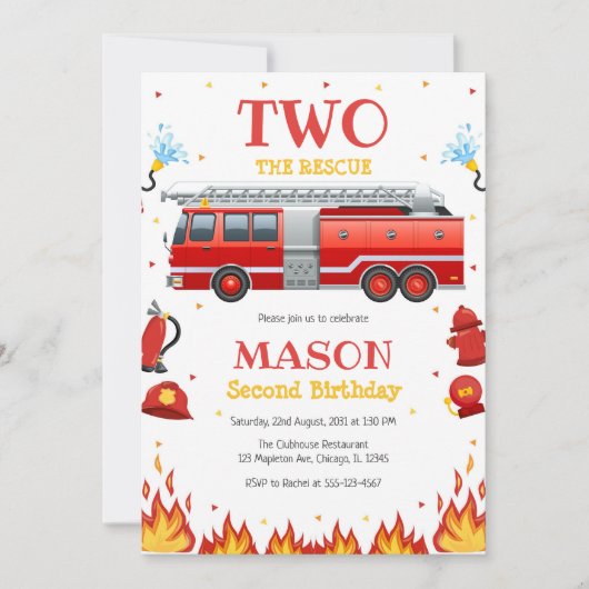 Two the Rescue Firetruck 2nd Birthday Invitation 招待状 (正面)