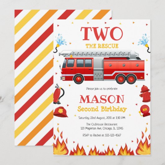 Two the Rescue Firetruck 2nd Birthday Invitation 招待状 (正面/裏面)