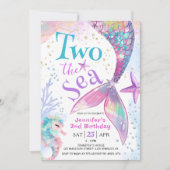 Two The Sea ピンク 女の子 人魚 2歳 誕生日 招待状 (正面)