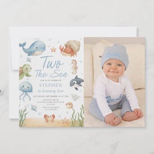 Two The Sea Is Turning Two Photo Birthday 招待状 (正面)