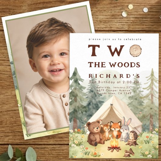 Two the Woods Happy Camper 2歳の誕生日フォト 招待状