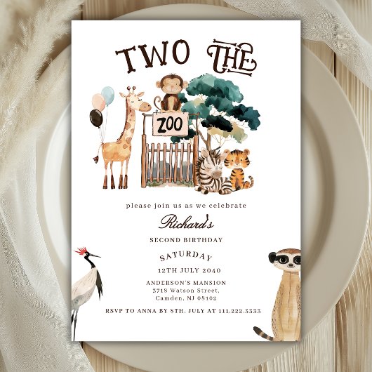 Two The Zoo Animals Safari 2nd Second Birthday  招待状
