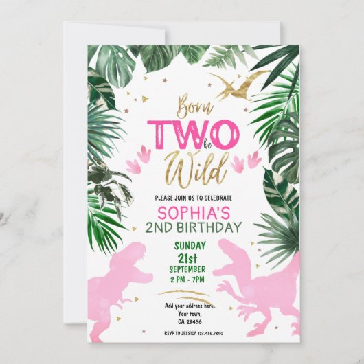 TWO to be WILD Dinosauds Pink Birthday Party 招待状 (正面)