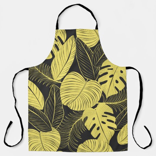 Two Tone Yellow Black Tropical Leaf Seamless Patte エプロン (正面)