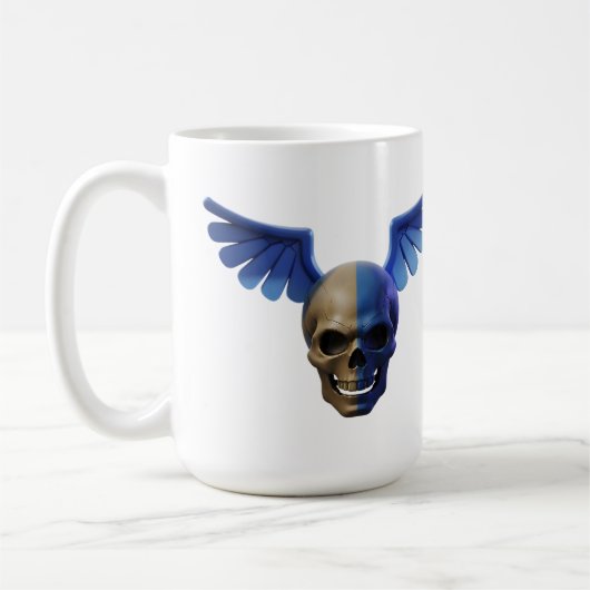 Two-Toned Skull with Blue Stylized Wings コーヒーマグカップ (左)