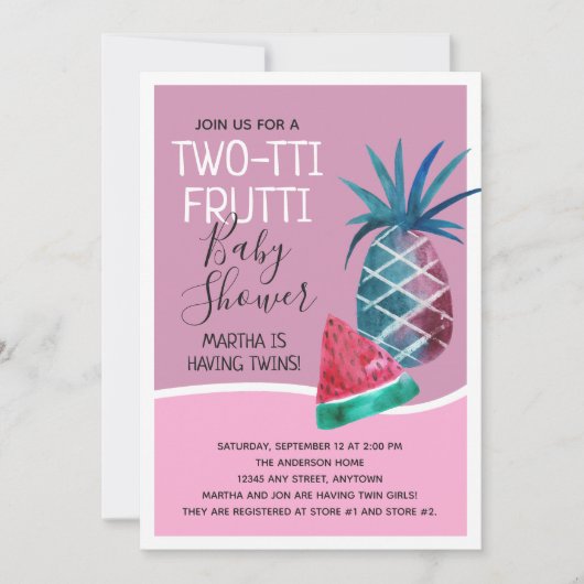 Two-tti Fruttiの対の女の子のベビーシャワー 招待状 (正面)