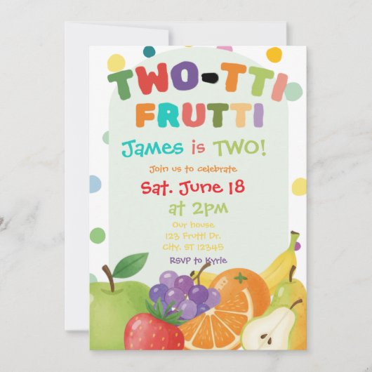 TWO-TTI FRUTTI 2歳の誕生日パーティーの招待状 招待状 (正面)