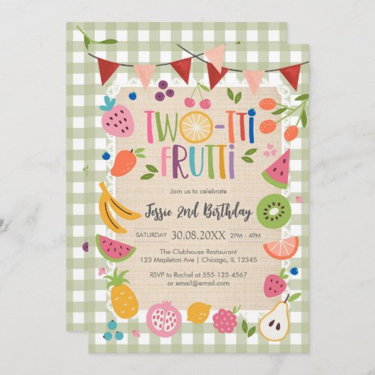 Two-tti Frutti Twotti Fruit Tropical 2nd Birthday  招待状 (正面/裏面)