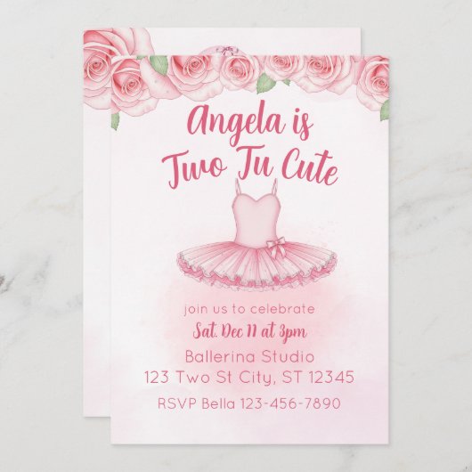 Two Tu Cute, Ballerina 2nd Birthday 招待状 (正面/裏面)