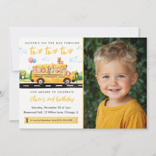 Two Two Two School Bus 2nd Birthday Invitation 招待状 (正面)