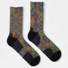Two views of colorful socks featuring a geometric  ソックス