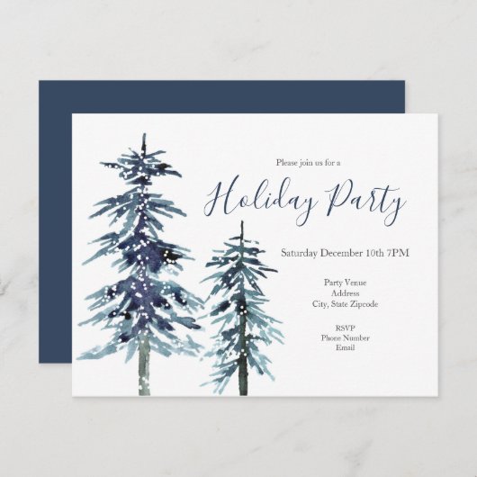Two Watercolor Winter Pine Trees Invitation 招待状 (正面/裏面)